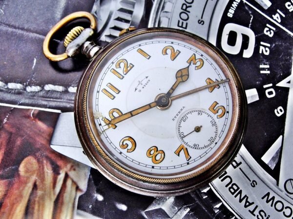 Beautiful very rare iron case Eterna alarm pocket watch from the early 1900s