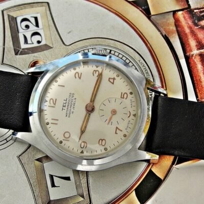 Rare Swiss Tell watch with label from the 1950s. Very nice dial, very nice case.