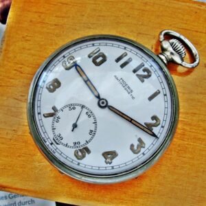 Rare military Moeris pocket watch from the early 1900s in a wooden box.