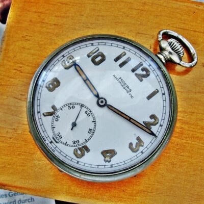Rare military Moeris pocket watch from the early 1900s in a wooden box.