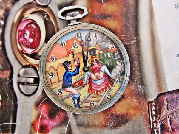 Beautiful hand-painted Doxa Locle erotic pocket watch from the 1940s.