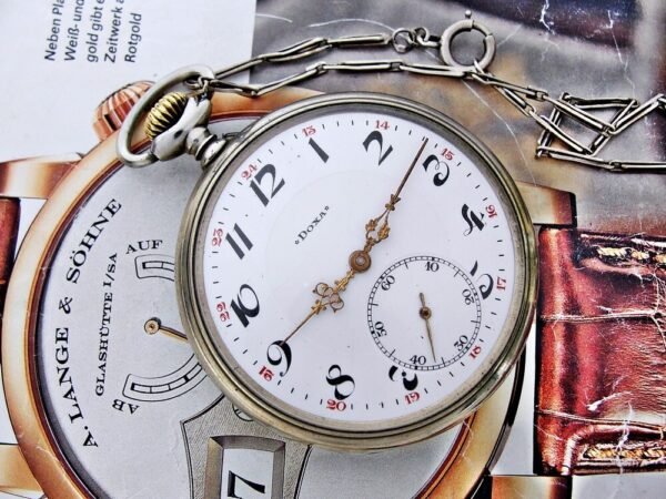 Nice Doxa pocket watch with porcelain dial and nice chain from the 1920 - Image 5